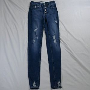 KanCan 1โ / 24 Exposed Button Fly Skinny Dark Destroyed Stretch Denim Jeans